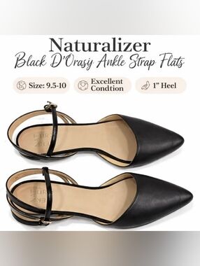 Naturalizer Black Pointed D'Orsay Ankle Strap Flats